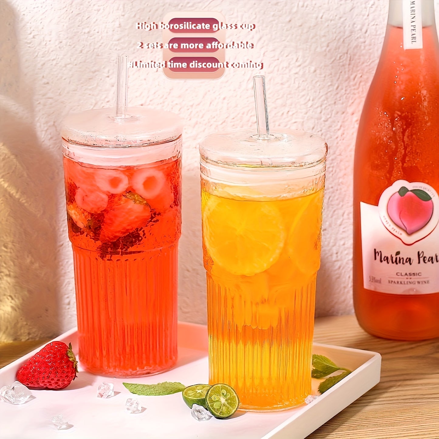 Lot de 2 gobelets en verre avec couvercles et pailles (650 ml) - Verres réutilisables et écologiques