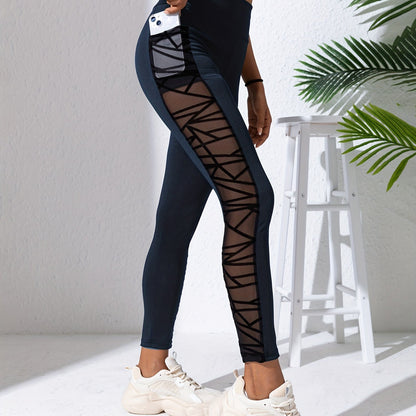 Women's High Waist Slimming Leggings - Mesh Panel Yoga Pants with Pockets
