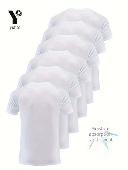 Men's 6-pack Set Of Solid Color Crew Neck And Short Sleeve T-shirt, Quick Dry And Breathable Tees For Men, Lightweight And Comfy Tops For Summer Fitness Training And Gym Wear