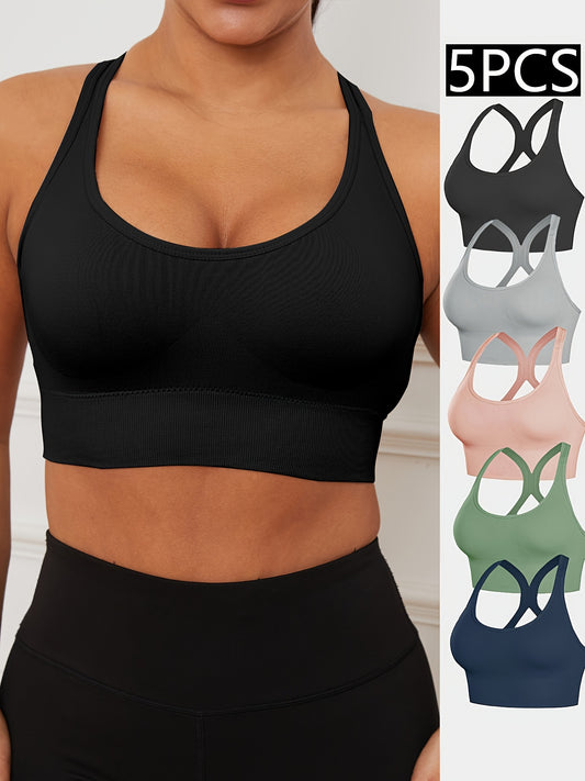 Lot de 5 soutiens-gorge de sport pour femmes - Soutiens-gorge de fitness en nylon sans coutures et à décolleté plongeant