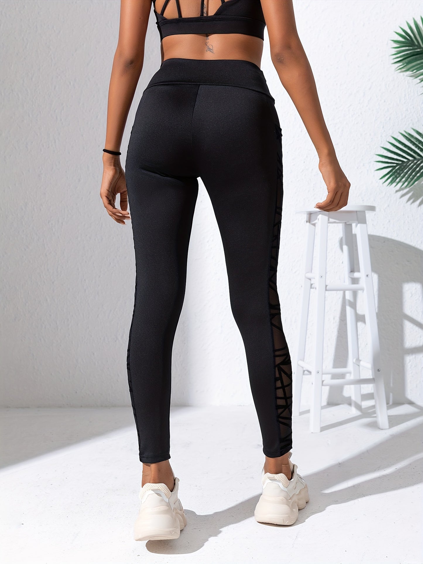 Women's High Waist Slimming Leggings - Mesh Panel Yoga Pants with Pockets