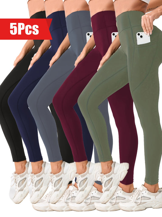 Lot de 5 leggings de yoga taille haute pour femmes - Leggings gainants avec poches