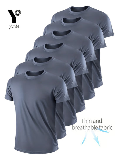 Men's 6-pack Set Of Solid Color Crew Neck And Short Sleeve T-shirt, Quick Dry And Breathable Tees For Men, Lightweight And Comfy Tops For Summer Fitness Training And Gym Wear