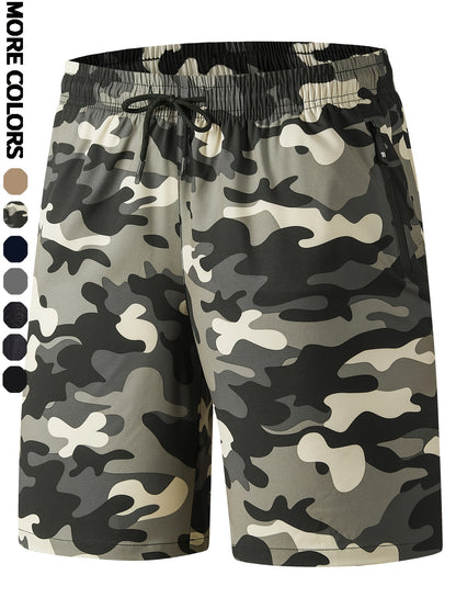 Men's Camo Athletic Shorts - Quick-Dry with Zippered Pockets