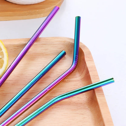 Pailles réutilisables en acier inoxydable - Pailles en métal écologiques | Ensemble arc-en-ciel courbées et droites pour cocktails