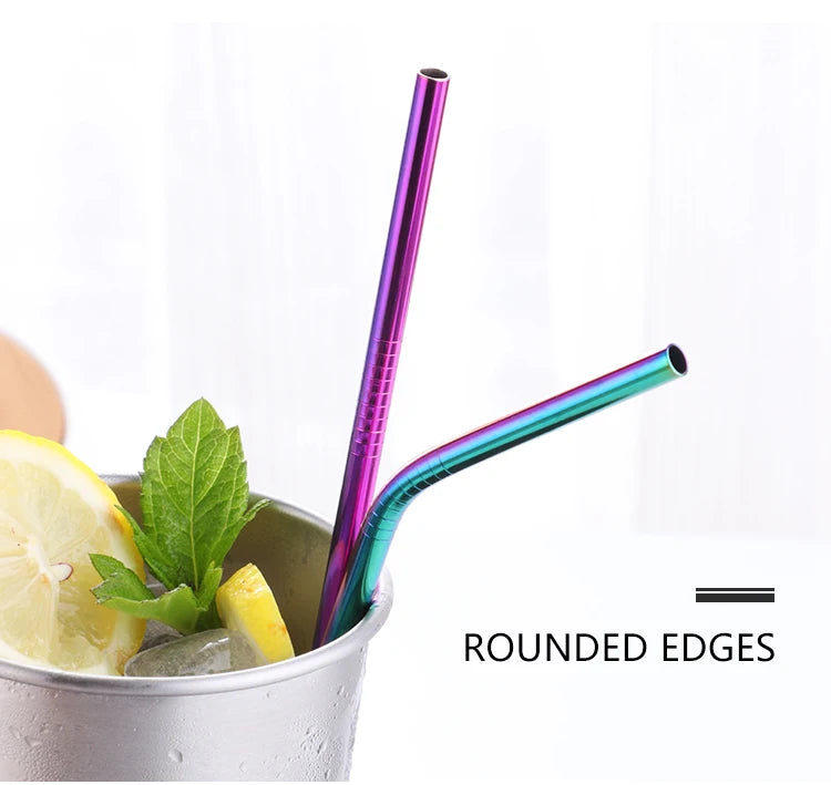 Pailles réutilisables en acier inoxydable - Pailles en métal écologiques | Ensemble arc-en-ciel courbées et droites pour cocktails