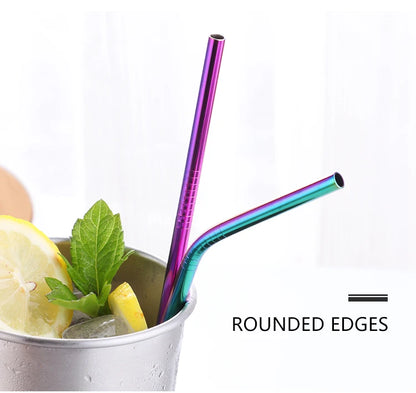 Pailles réutilisables en acier inoxydable - Pailles en métal écologiques | Ensemble arc-en-ciel courbées et droites pour cocktails