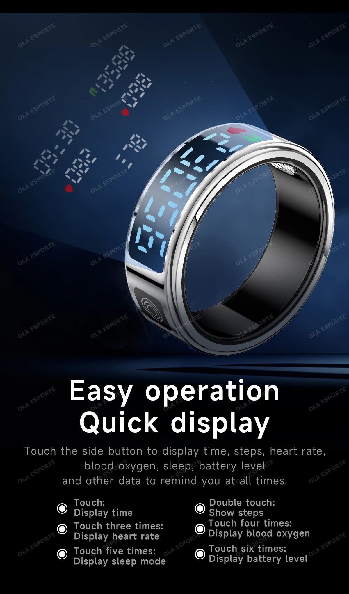 Smart Fitness Ring - Sleep & Heart Rate Monitor with Touch Screen Display