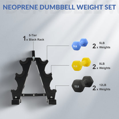 Professional Dumbbell Set with Storage Rack - Neoprene Hex Weights for Home Gym