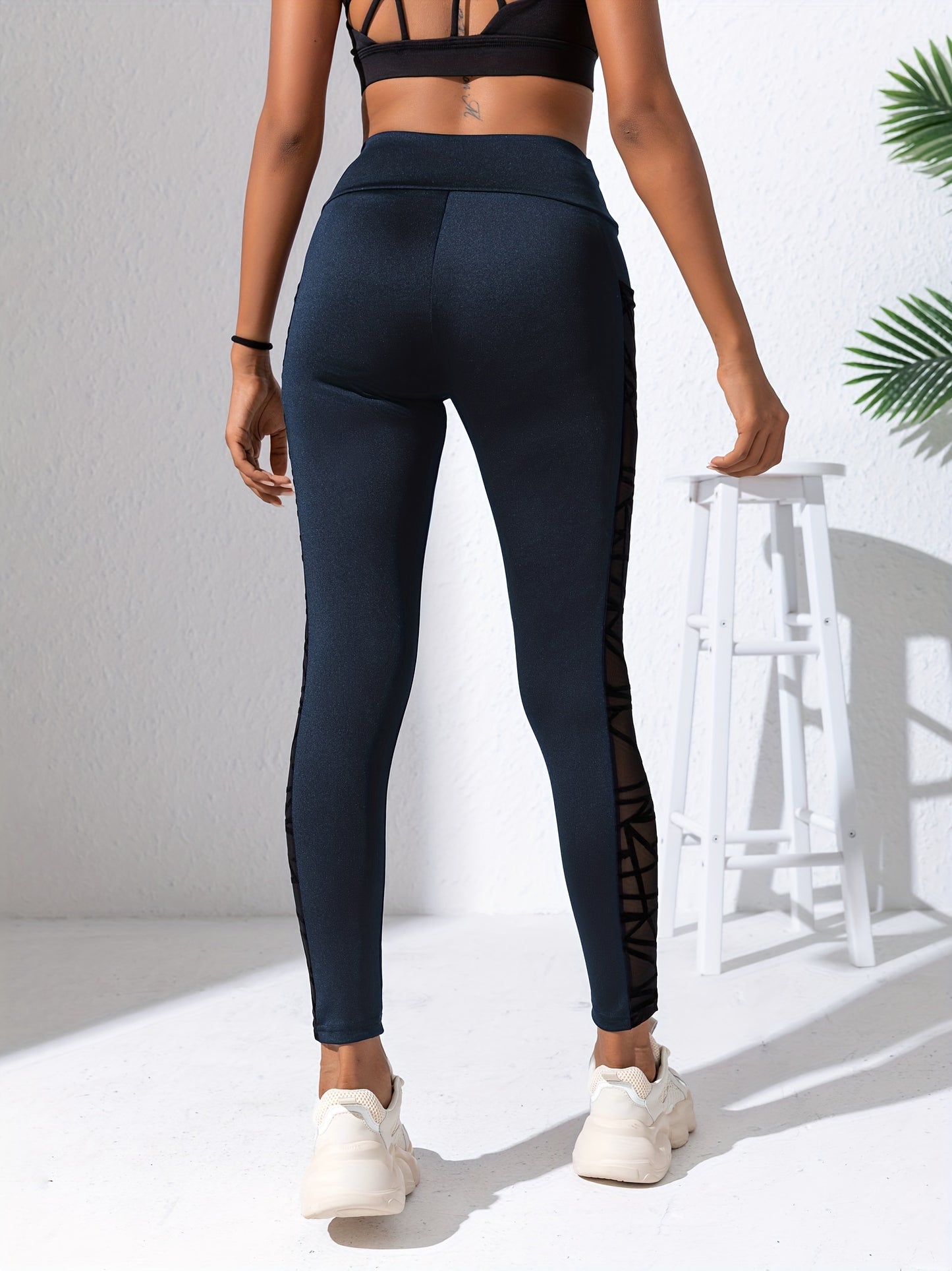 Women's High Waist Slimming Leggings - Mesh Panel Yoga Pants with Pockets
