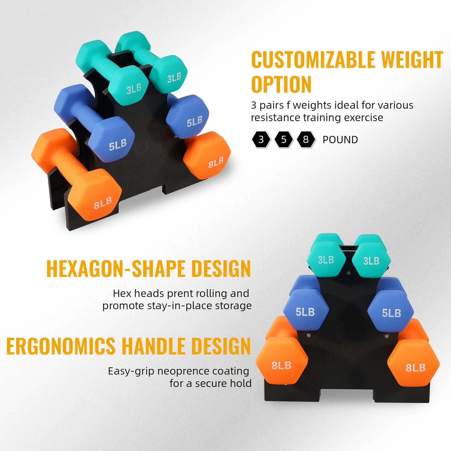 Professional Dumbbell Set with Storage Rack - Neoprene Hex Weights for Home Gym