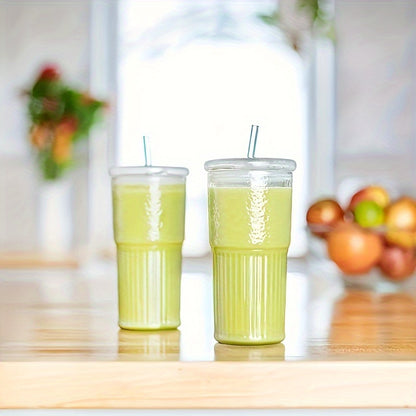 Lot de 2 gobelets en verre avec couvercles et pailles (650 ml) - Verres réutilisables et écologiques