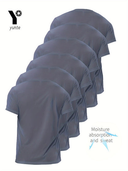 Men's 6-pack Set Of Solid Color Crew Neck And Short Sleeve T-shirt, Quick Dry And Breathable Tees For Men, Lightweight And Comfy Tops For Summer Fitness Training And Gym Wear